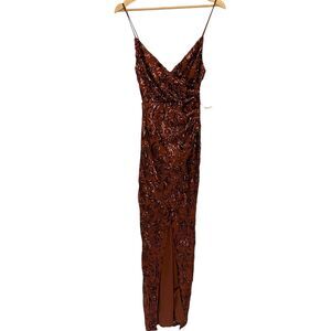 Windsor Brown V-Neck Sequin Strappy Wrap Maxi Slit Dress NWT Size XS